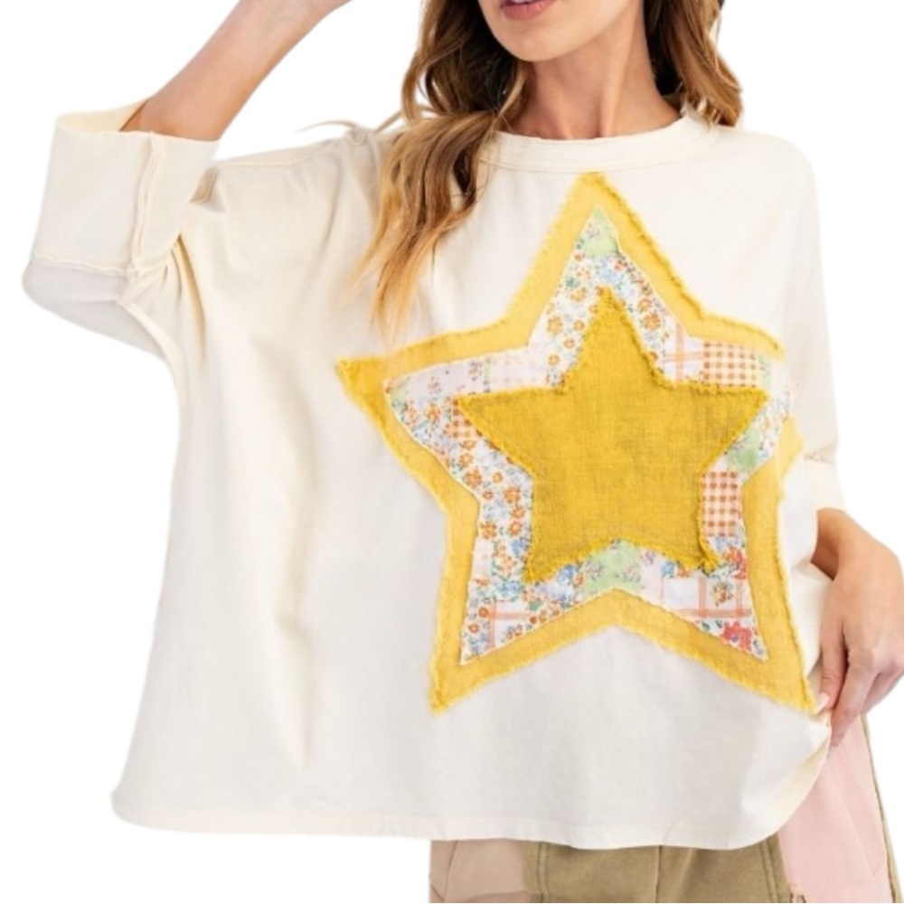 Easel Washed Cotton Slub Star Patch Front Top Yellow Cream Oversized Small